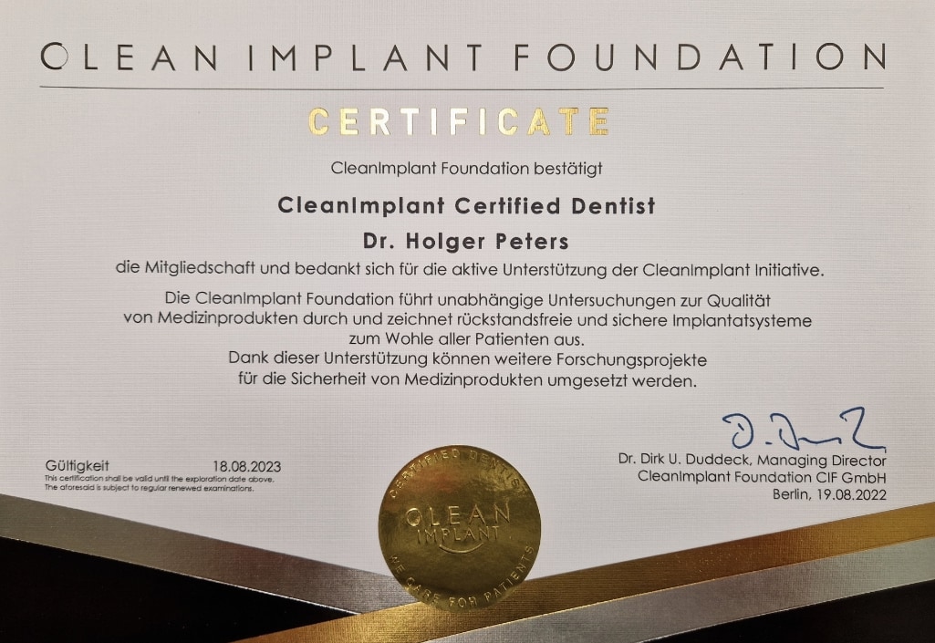 Zahnarzt Dr. Holger Peters in Rissen - Zertifikat