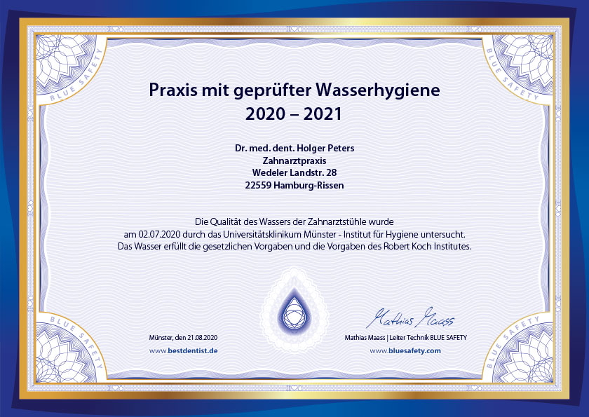 Zahnarzt Dr. Holger Peters in Rissen - Zertifikat Wasserhygiene